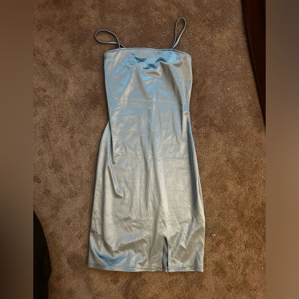 teal/light blue mini slip dress with slit